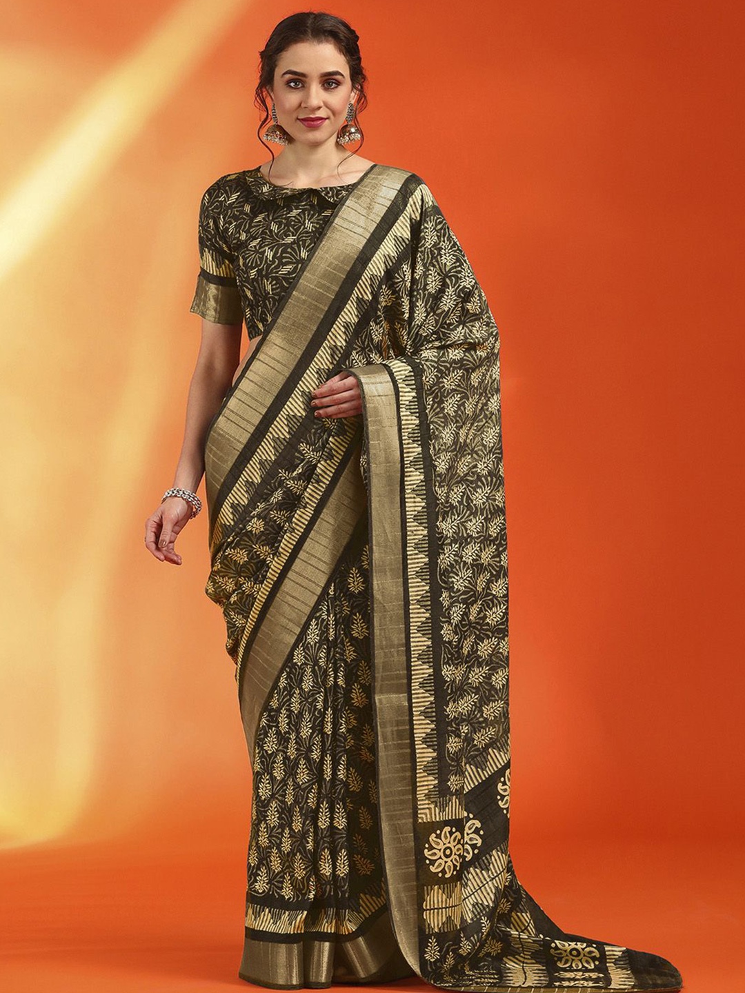 

Anouk Rustic Ethnic Motifs Zari Silk Cotton Sungudi Saree, Olive