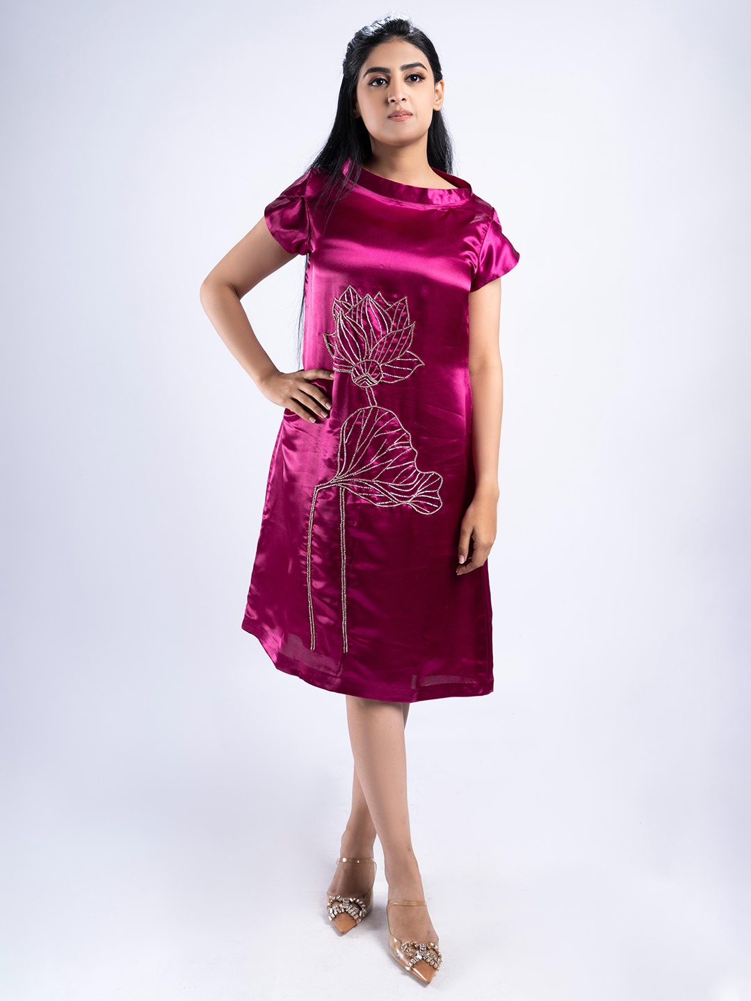 

MISROMA Animal Print Satin Sheath Midi Dress, Pink