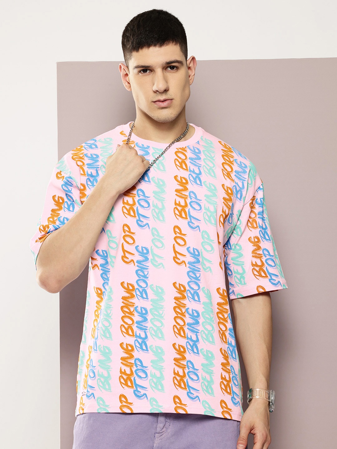 

Kook N Keech Printed Drop-Shoulder Sleeves Pure Cotton Oversized T-shirt, Pink