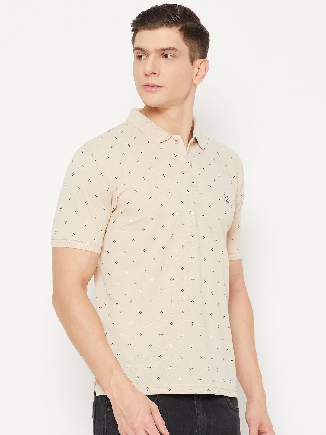

UBX Men Printed Polo Collar T-shirt, Beige