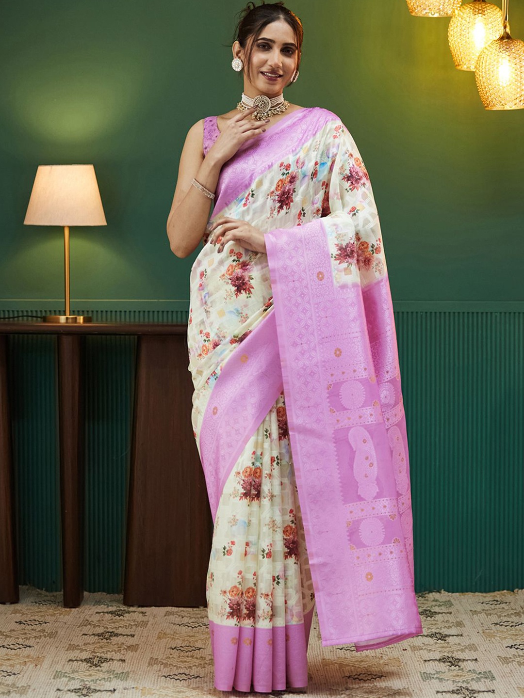 

all about you Floral Zari Silk Blend Saree, Pink