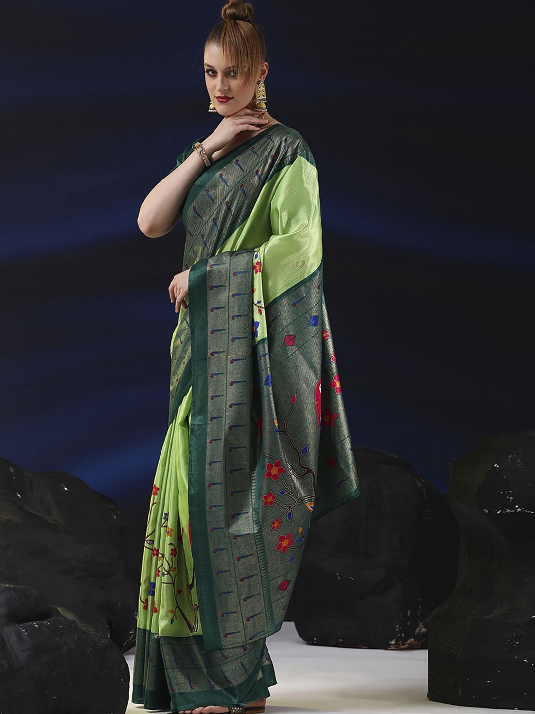 

Anouk Rustic Ethnic Motifs Zari Silk Blend Bagh Saree, Green