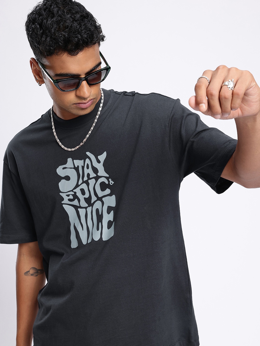 

glitchez Classic Vibe Typography Printed Relaxed Fit T-shirt, Charcoal