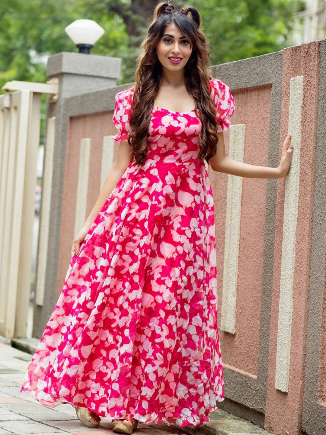 

Sugathari Print Puff Sleeve Georgette Maxi Dress, Pink