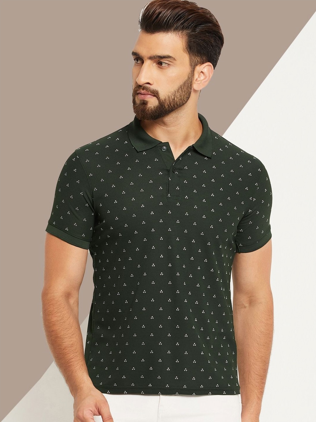 

OGEN Men Printed Polo Collar Pockets T-shirt, Olive
