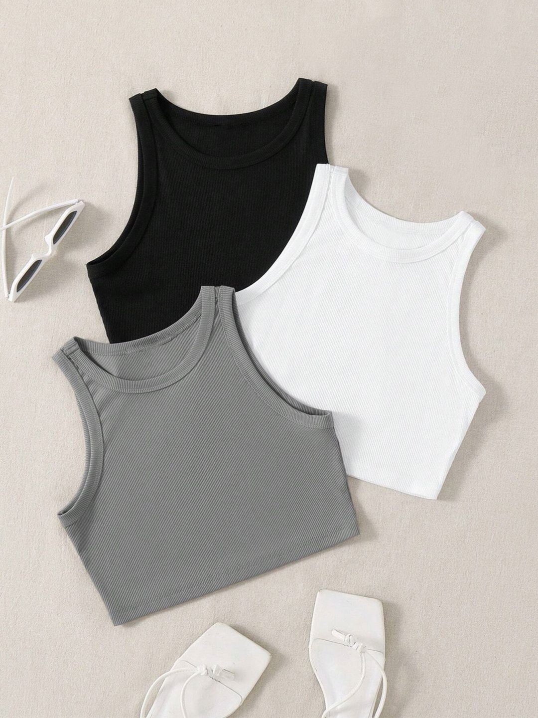 

KERI PERRY Women Pack Of 3 Soft Lycra Tank Crop Top, Black