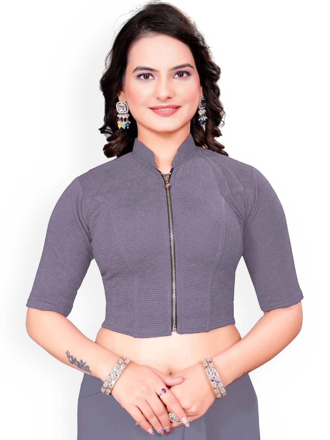 

SS Sanket Synthetics High Neck Front Full Zip Blouse, Grey