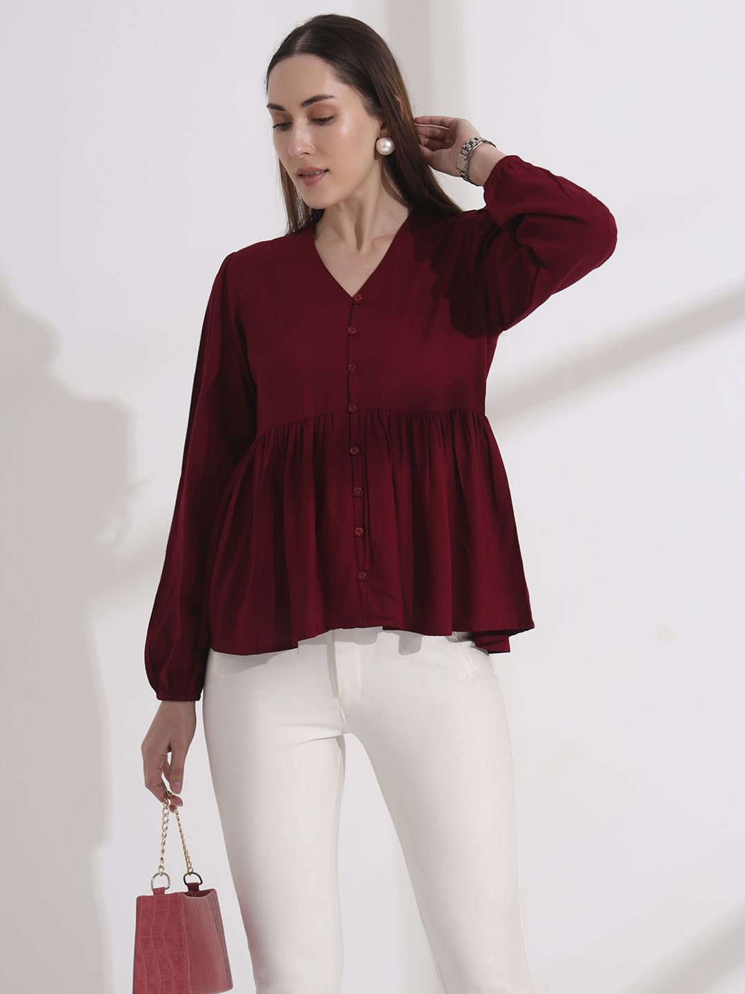 

her by invictus Puff Sleeve Top, Maroon
