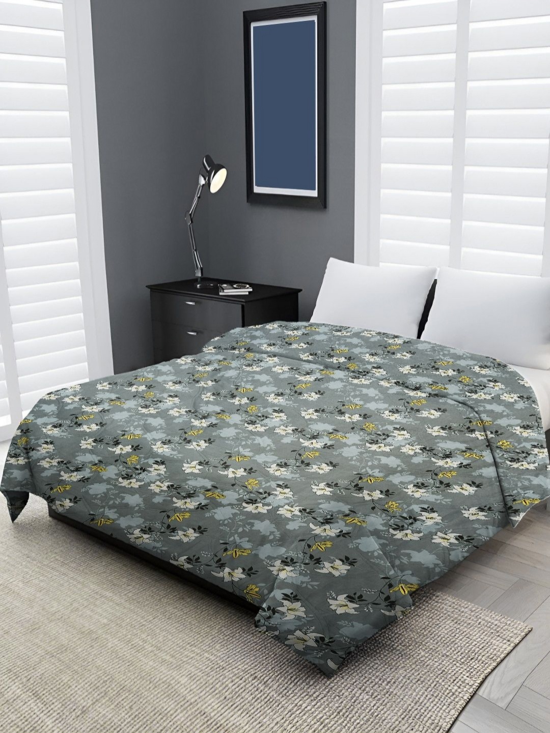 

Myntra Elegant Homes RR Creations Grey Printed Microfiber AC Room Double Bed Comforter