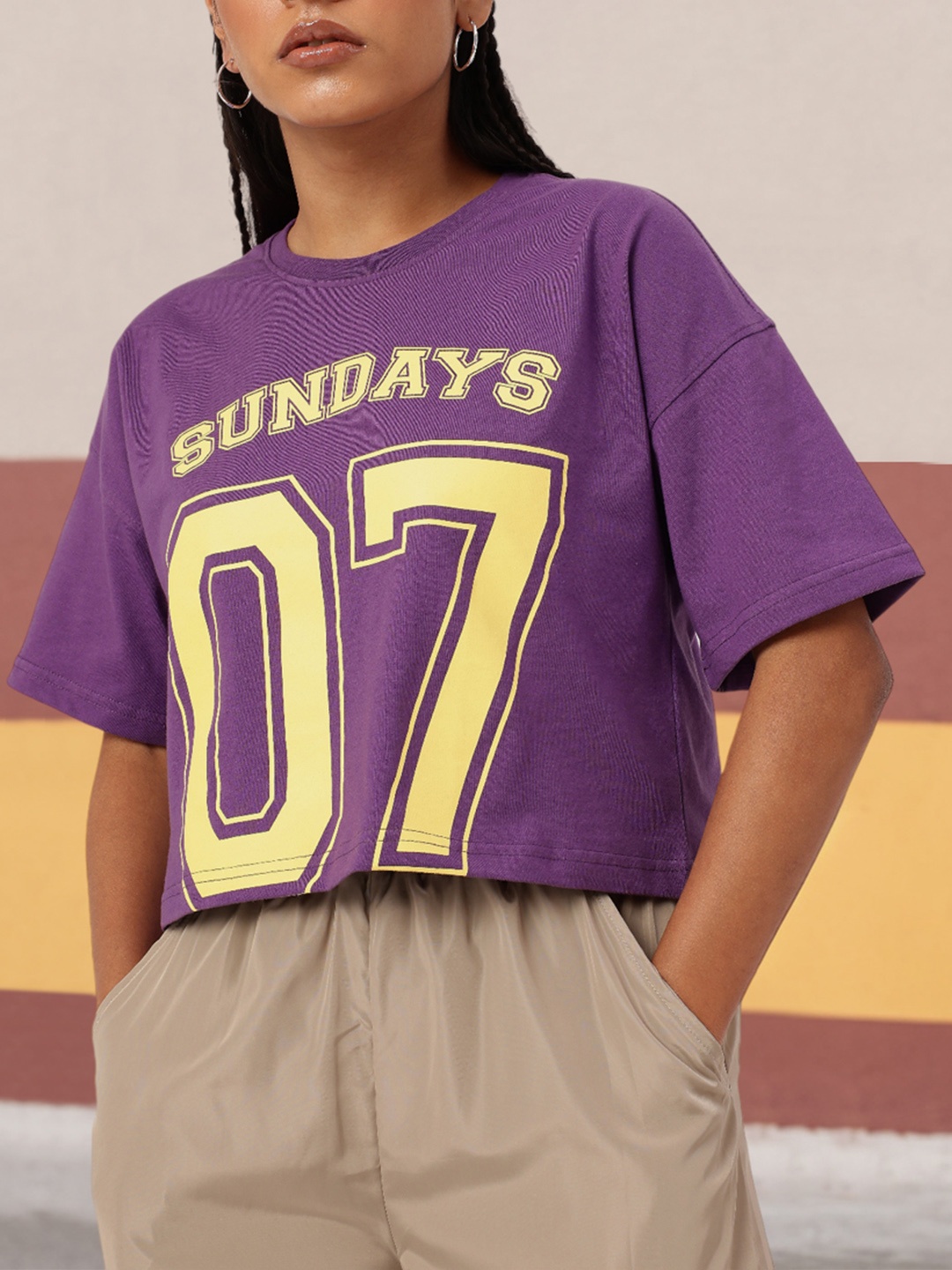 

DressBerry Varsity Sundays Chill Printed Boxy T-shirt, Purple