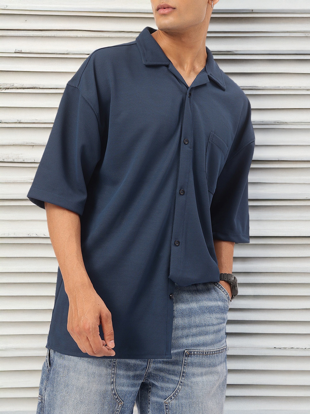 

Kook N Keech Relaxed Refinement Knitted Camp Collar Longline Shirt, Navy blue