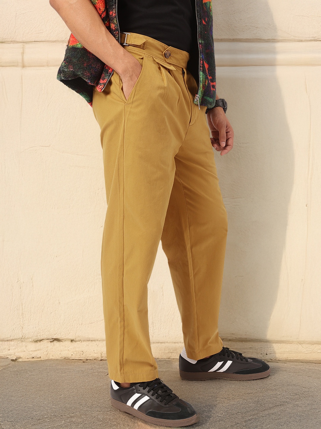 

Kook N Keech Men Vintage Vibes Adjustable Tab Pleated Trousers, Mustard