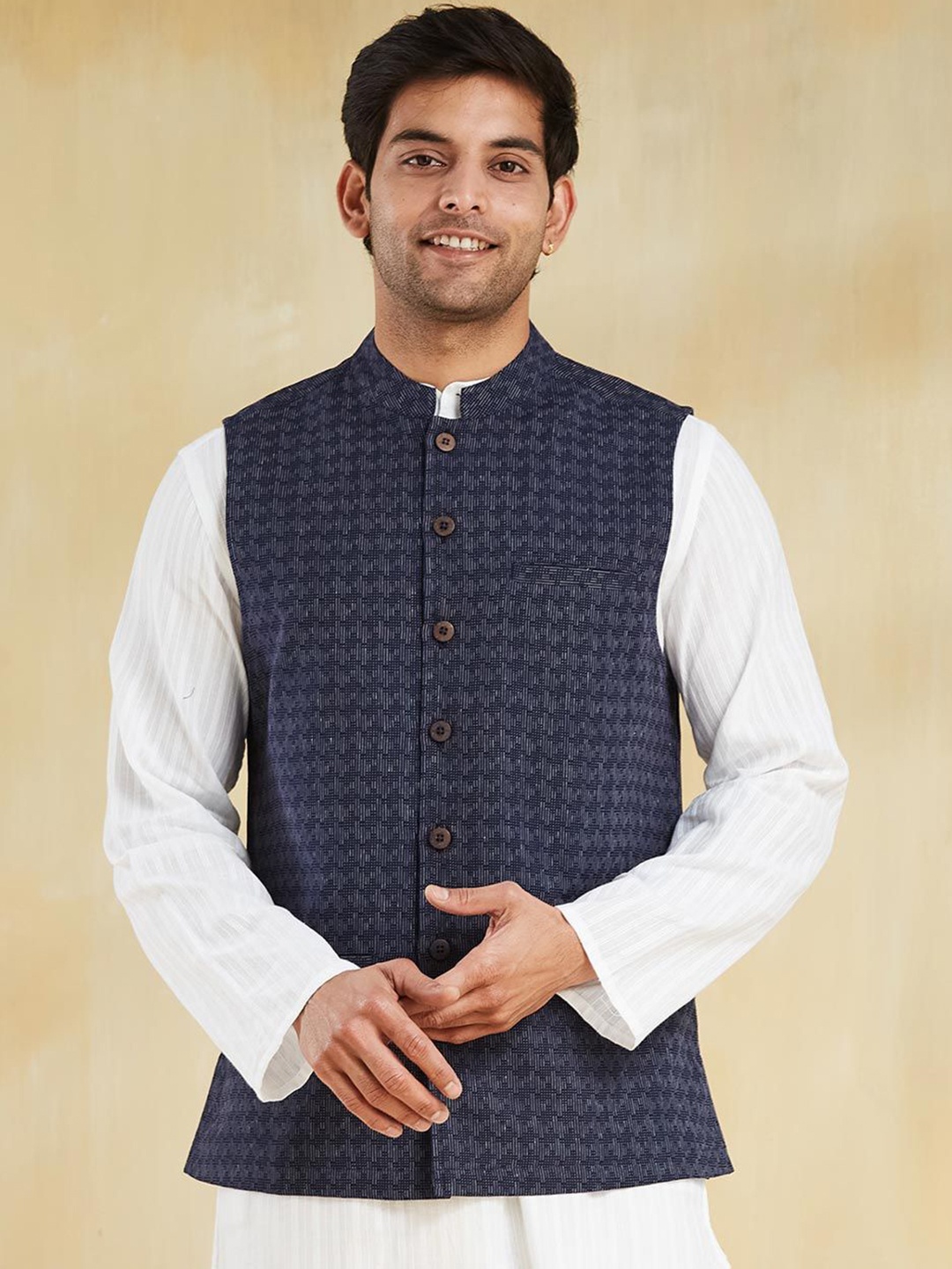 

Fabindia Printed Cotton Nehru Jacket, Blue