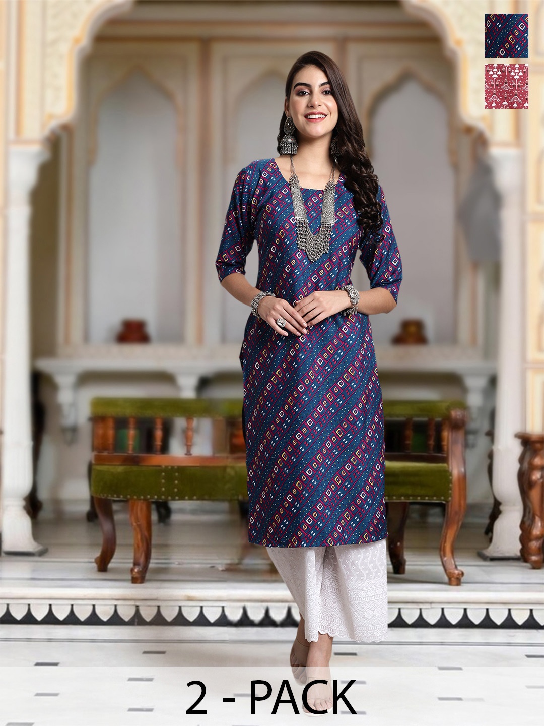 

Moda Rapido Selection Of 2 Bandhani Printed Round Neck Straight Kurta, Blue