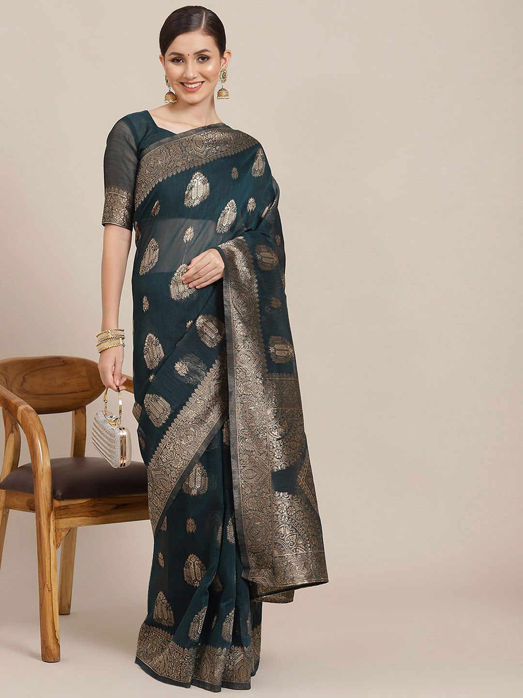 

Anouk Rustic Woven Design Zari Banarasi Saree, Teal