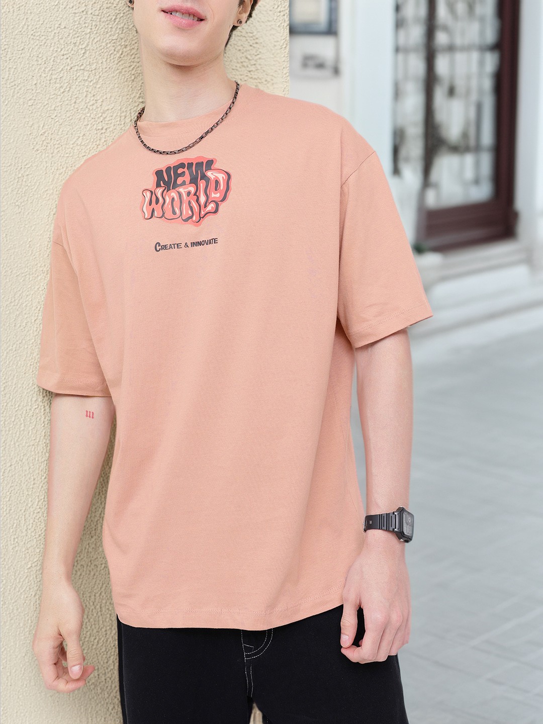 

Kook N Keech Futuristic Edge Typography Printed Oversized T-shirt, Peach