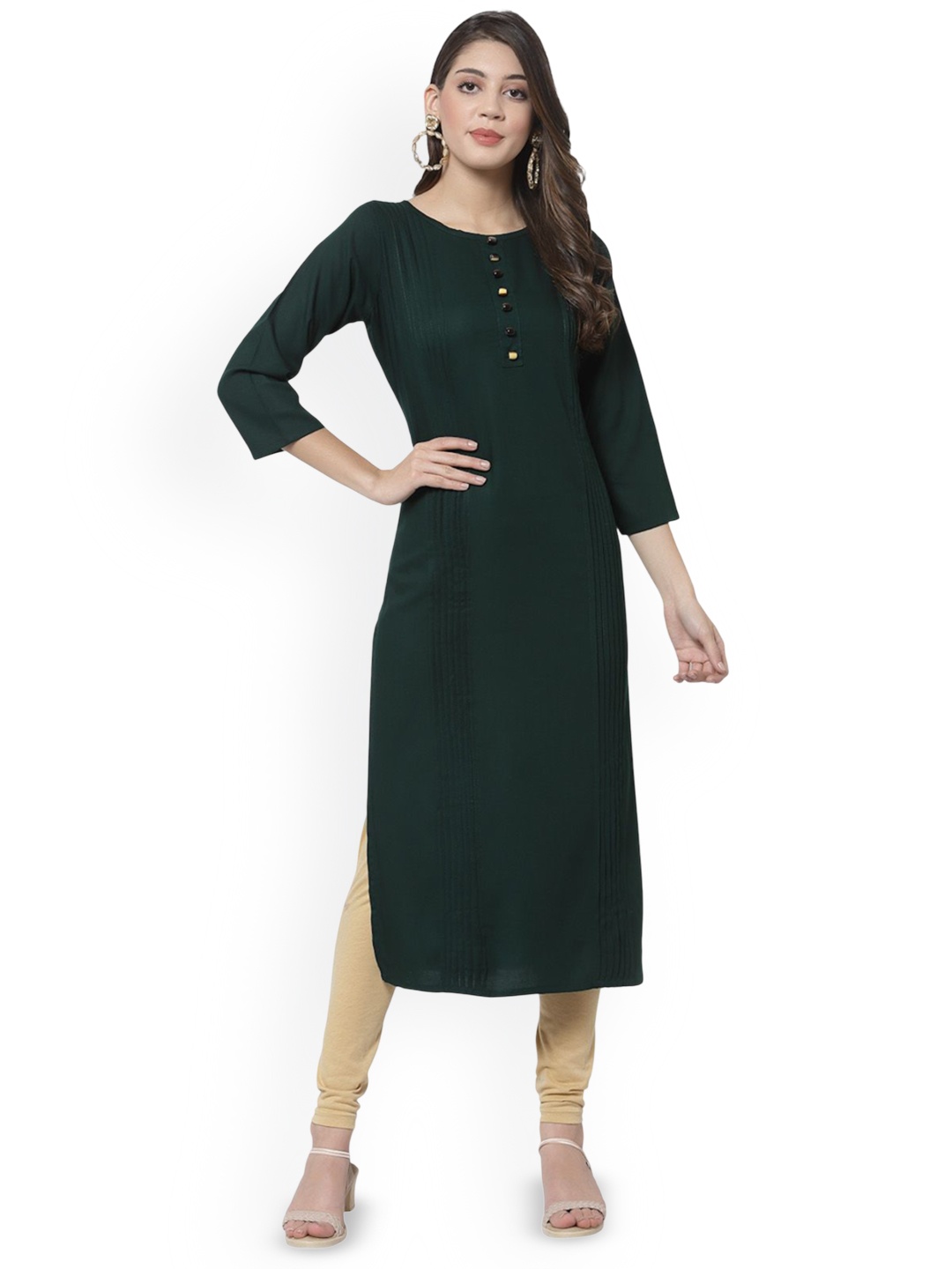 

DELIS Pin Tucks Bell Sleeves Straight Pure Cotton Kurta, Green