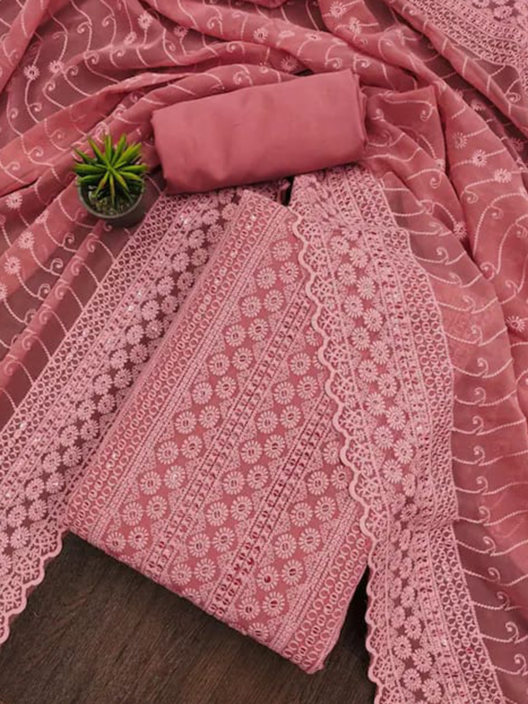 

BlissFlair Floral Embroidered Sequinned Geogrette Unstitched Dress Material, Pink