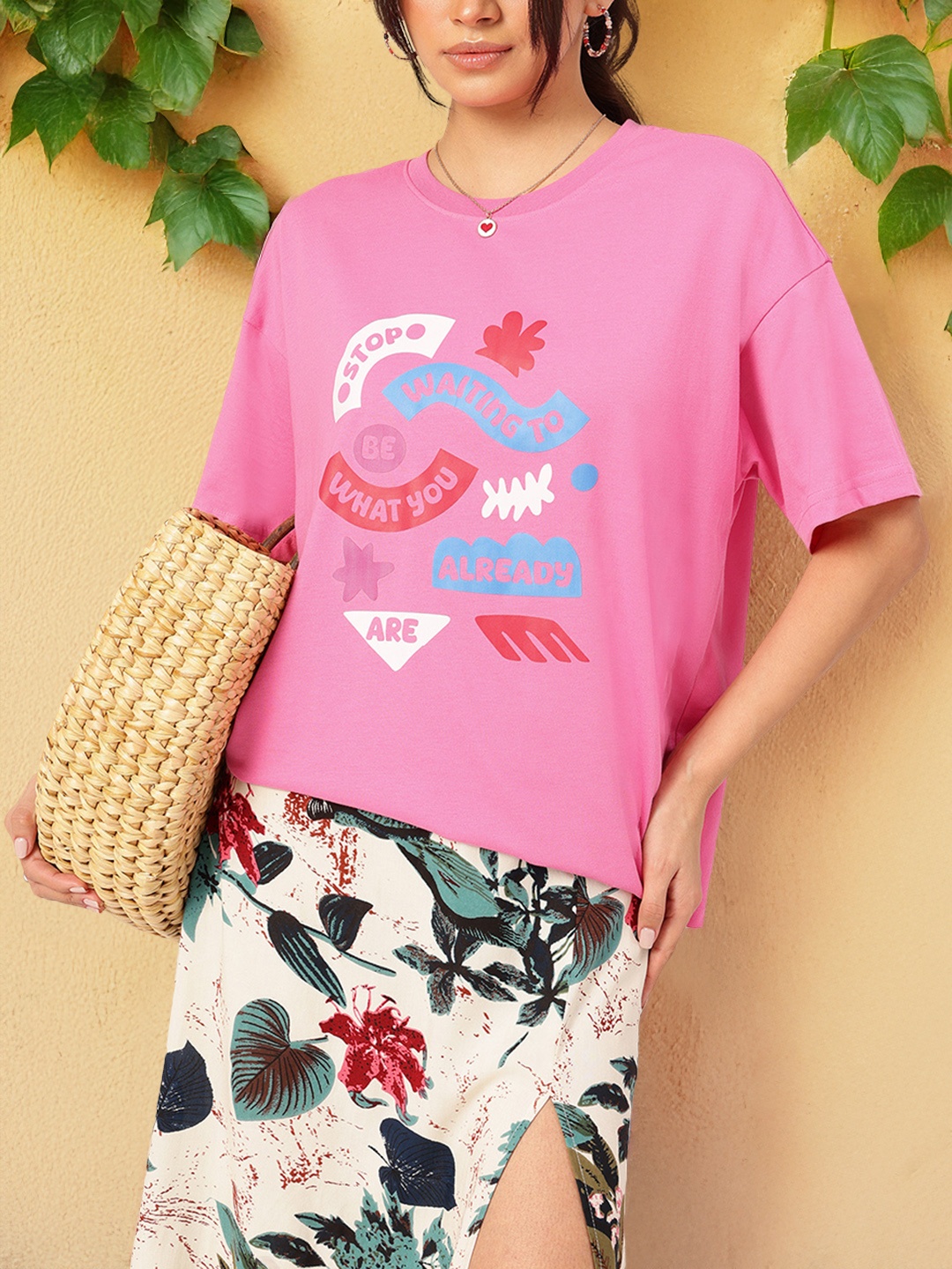 

DressBerry Barbiecore Typo Print Oversized Tee, Pink