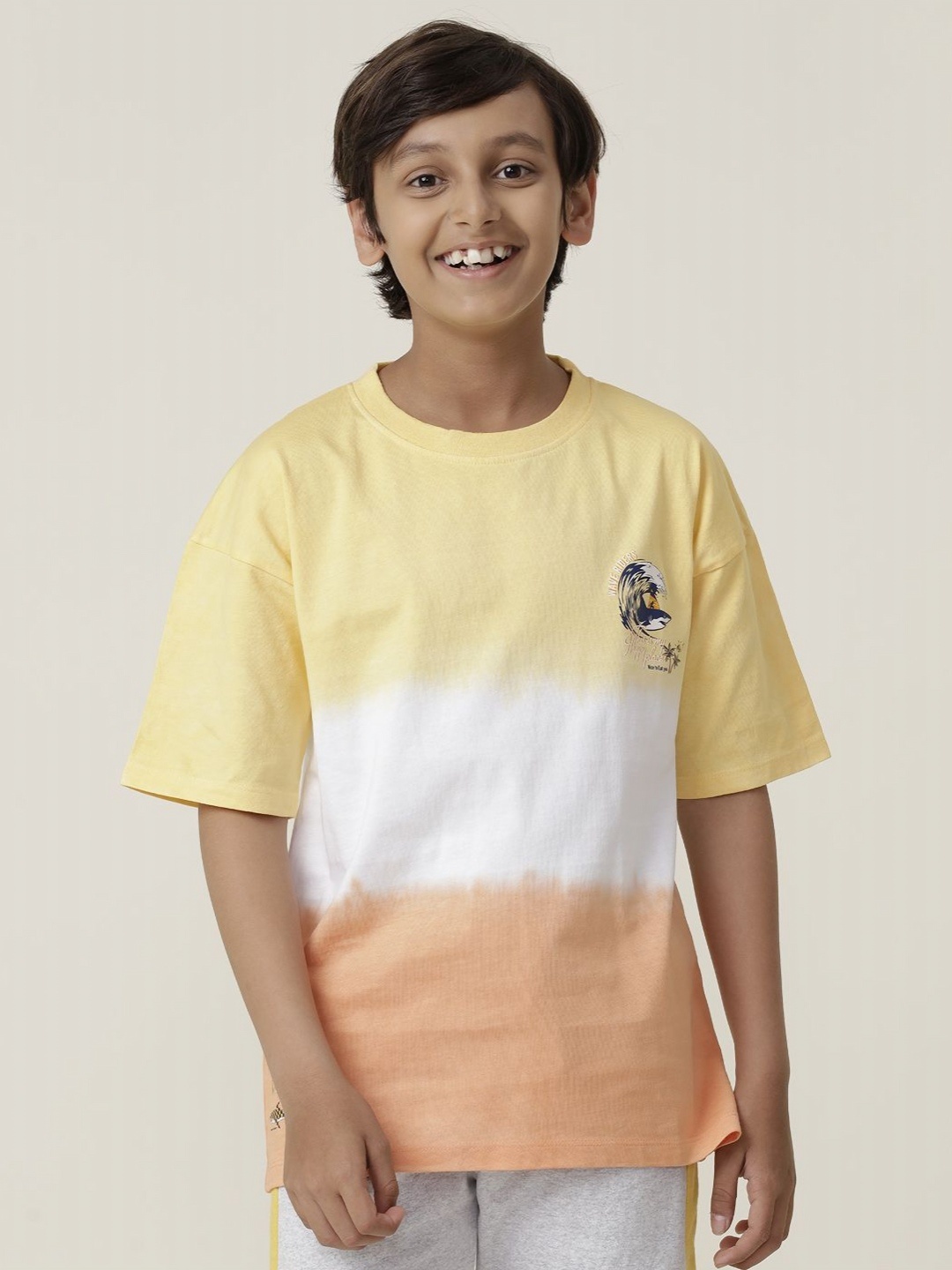 

UNDER FOURTEEN ONLY Boys Dyed Drop-Shoulder Sleeves Applique T-shirt, Yellow