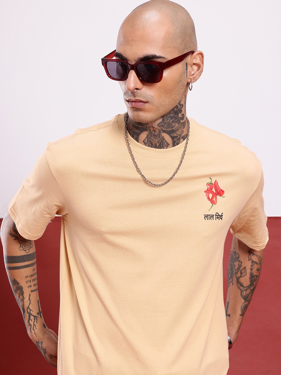

glitchez Urban Essential Oversized Printed T-shirt, Beige