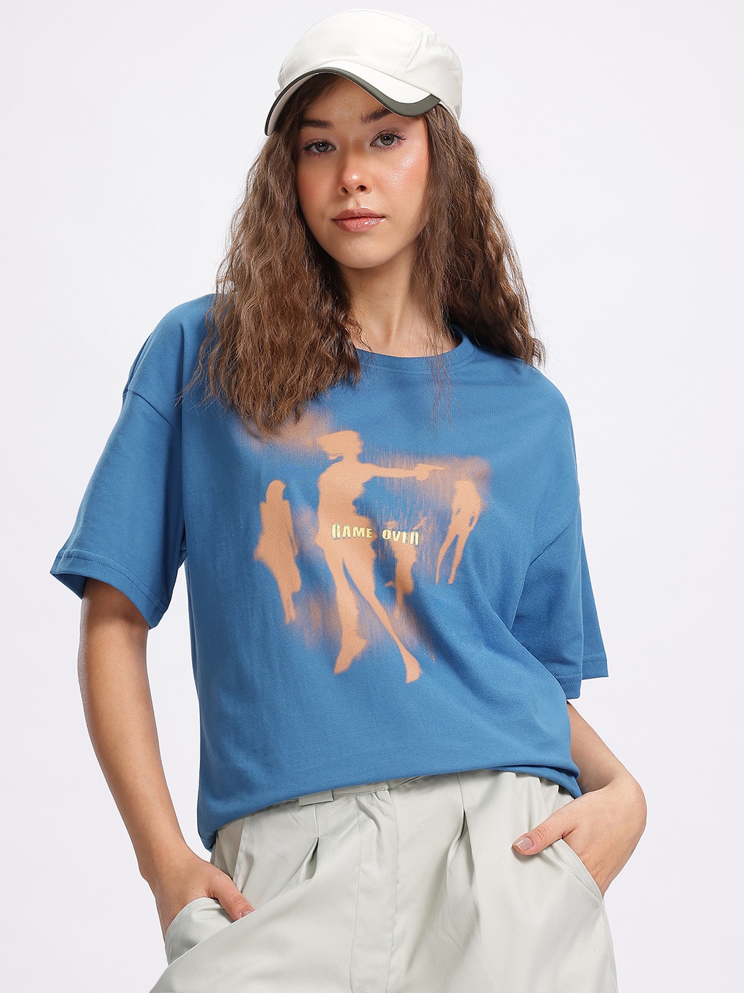 

glitchez Graphic Groove Printed Oversized T-shirt, Blue