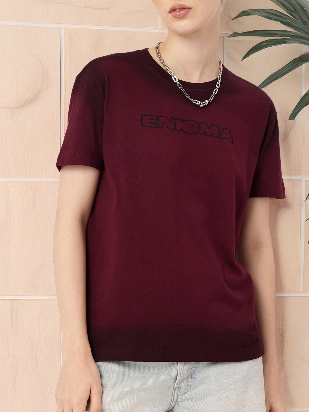 

DressBerry Mystery Touch Printed Washed Effect Relaxed Fit T-shirt, Maroon