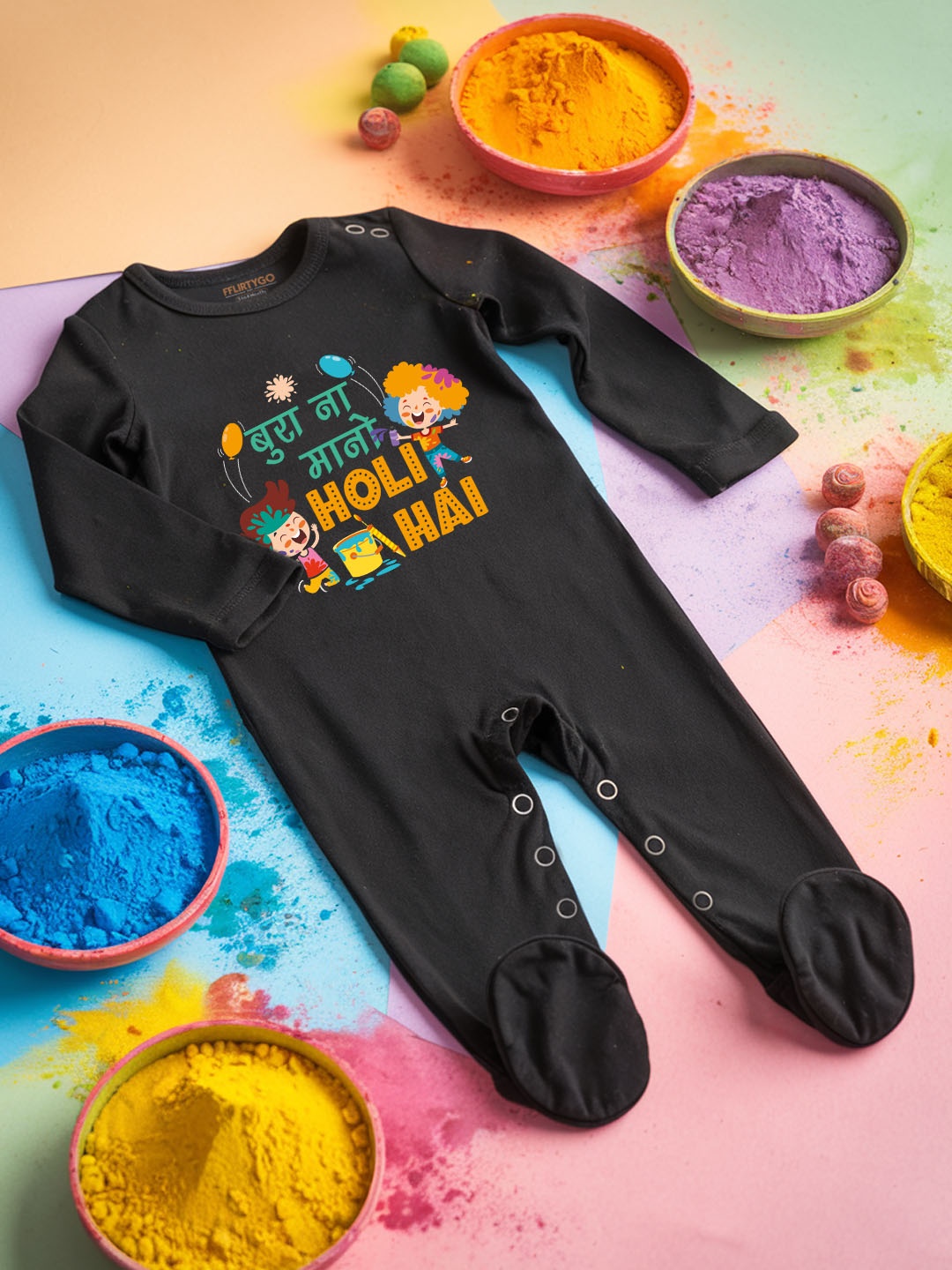 

FFLIRTYGO Infants Holi Printed Pure Cotton Sleepsuit, Black