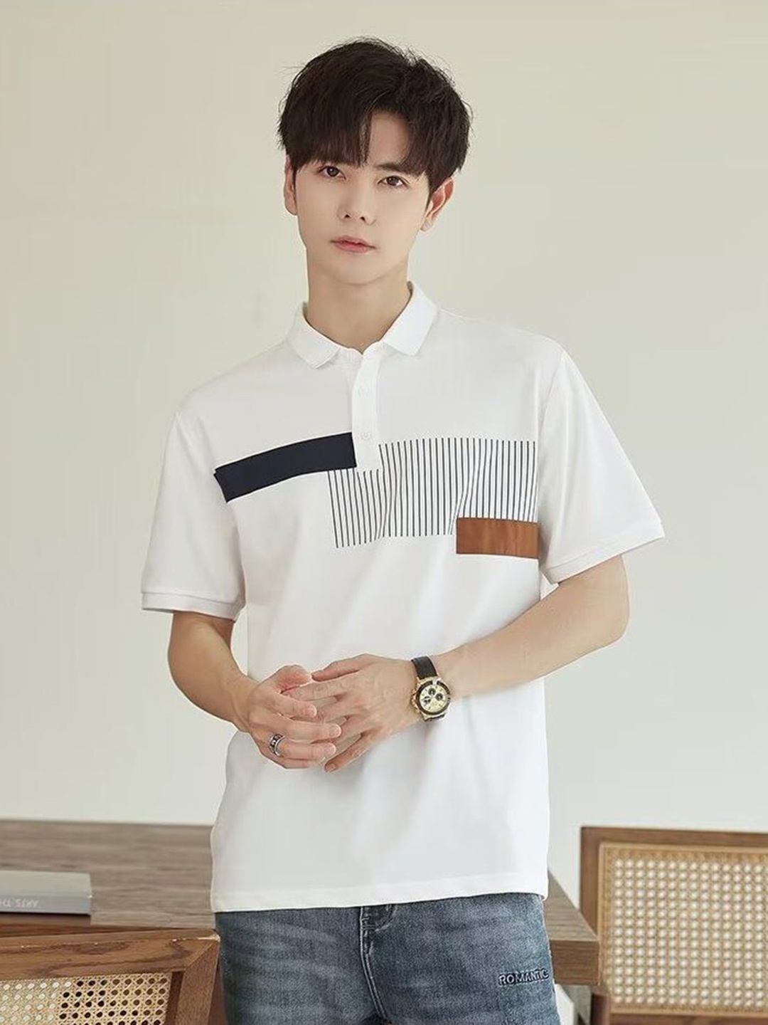 

StyleCast Men Printed Polo Collar Monochrome T-shirt, White