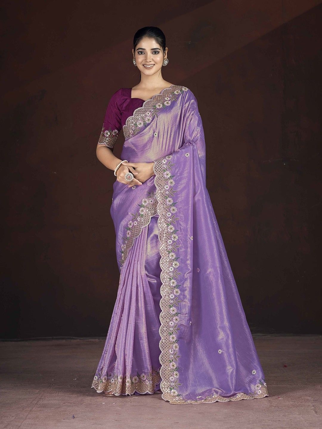 

Panzora Floral Embroidered Silk Blend Saree, Lavender