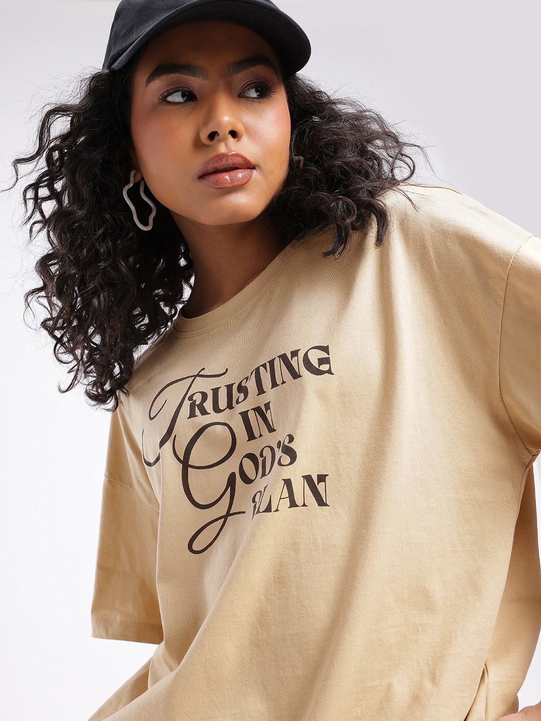 

glitchez Street Cool Typography Printed Oversized T-shirt, Beige