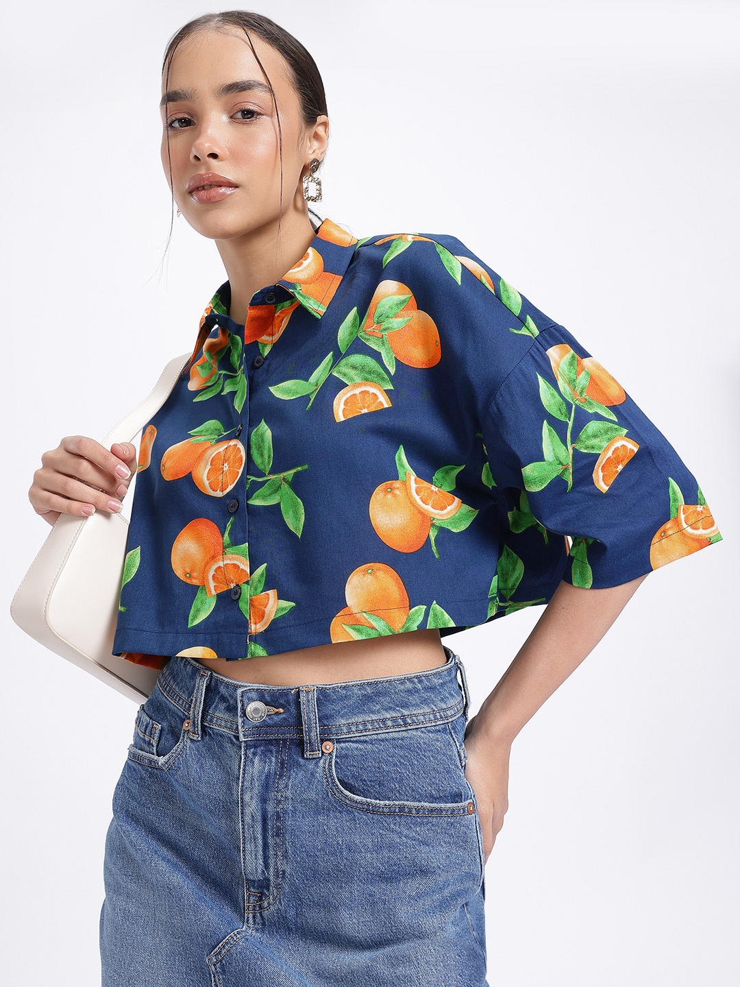 

glitchez Orange Crush Printed Boxy Shirt, Navy blue