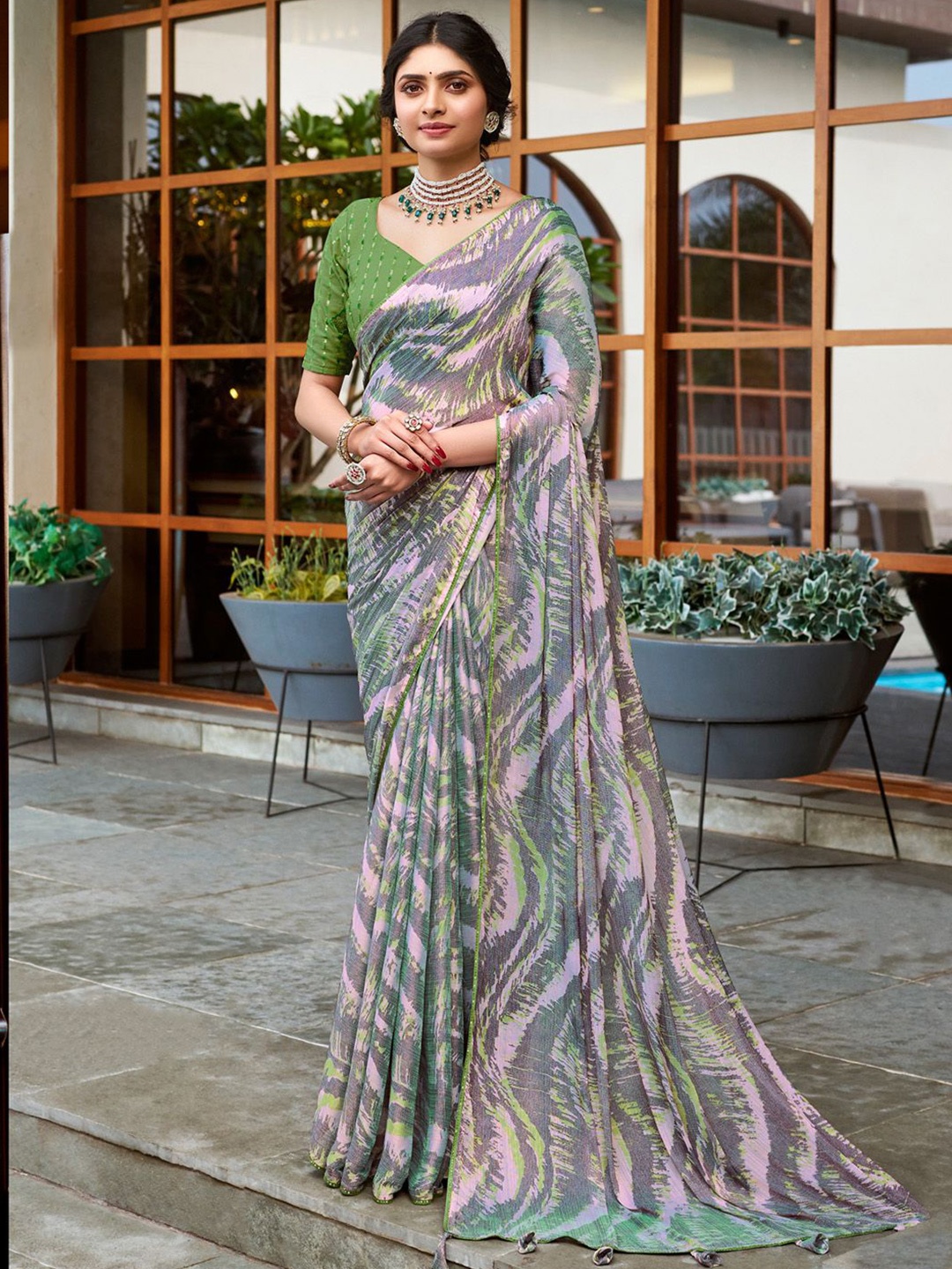 

Anouk Rustic Poly Chiffon Designer Bagru Saree, Grey