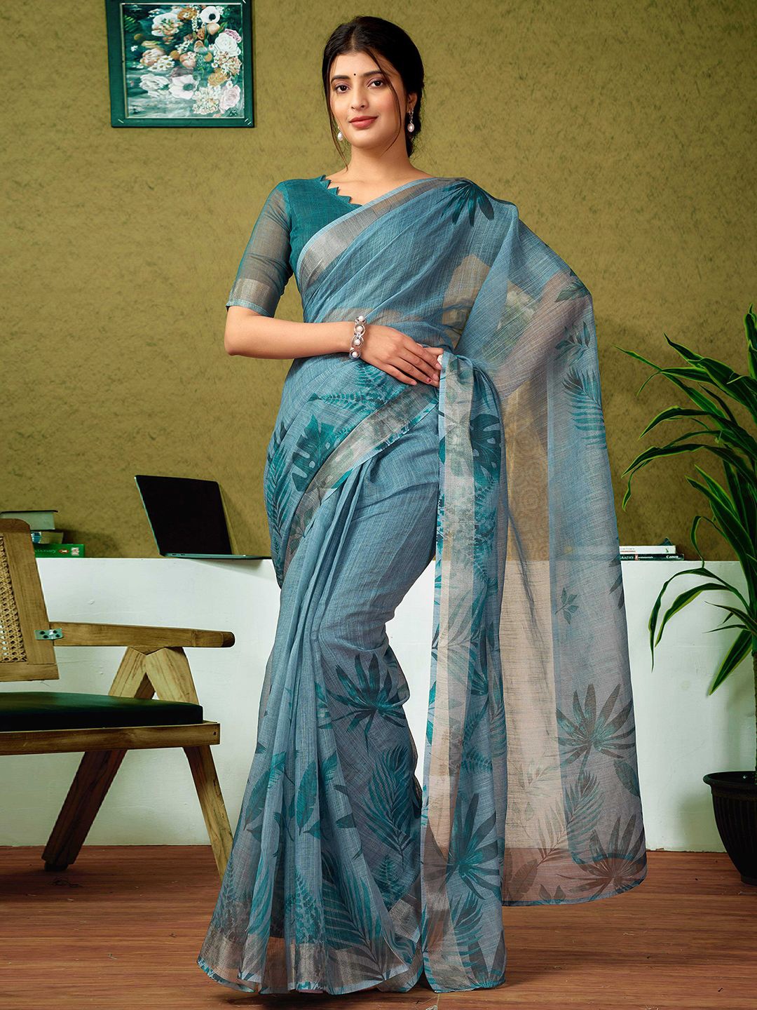 

all about you Floral Zari Pure Linen Ready to Wear Saree, Blue