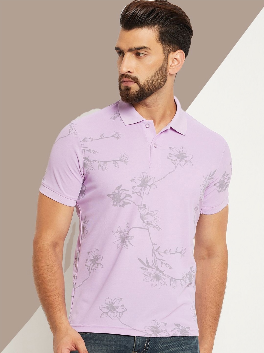 

OGEN Men Printed Polo Collar Raw Edge T-shirt, Lavender