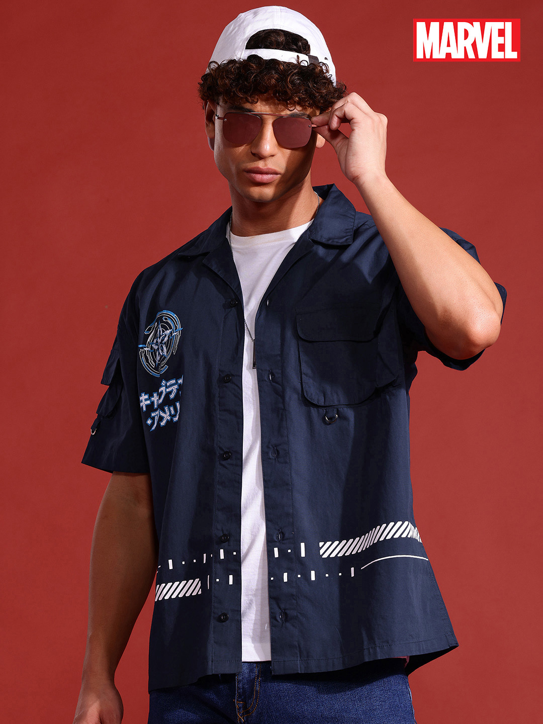

MARVEL STREET Cyber Punk Graphic Printed Drop-Shoulder Sleeves Relaxed Fit Casual Shirt, Navy blue