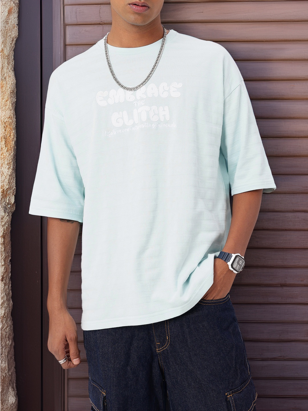 

Kook N Keech Unique Twist Textured & Embroidered Oversized T-shirt, Blue