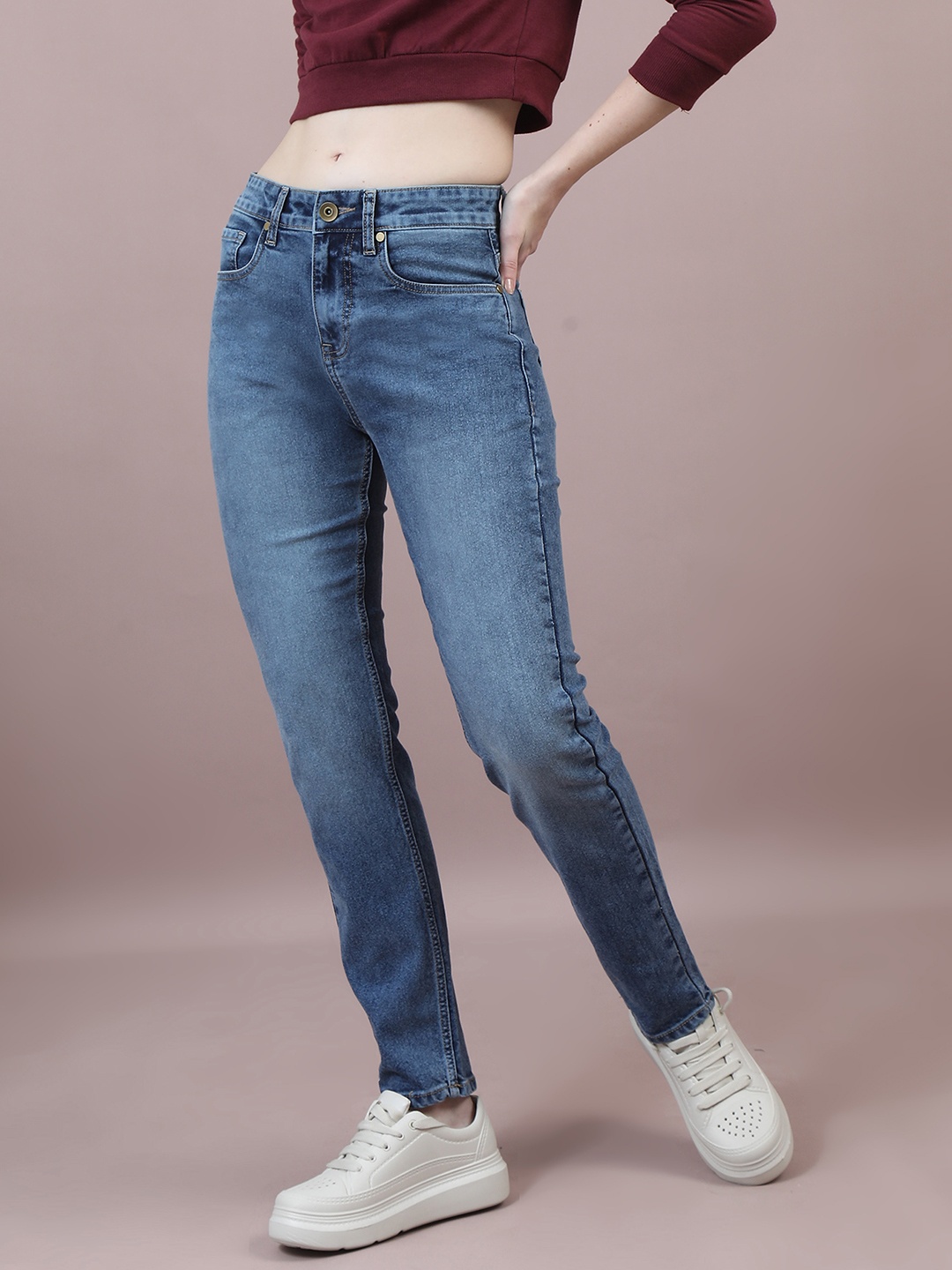 

Chemistry Women Comfort Slim Fit High-Rise Light Fade Acid Wash Stretchable Jeans, Blue
