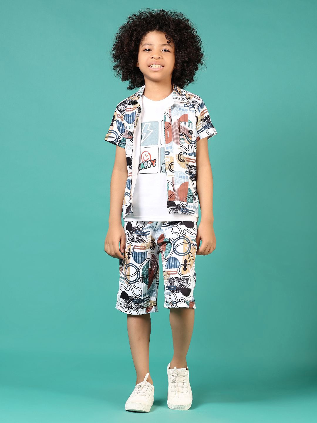 

V-Mart Boys Printed Pure Cotton Shirt With Shorts, White
