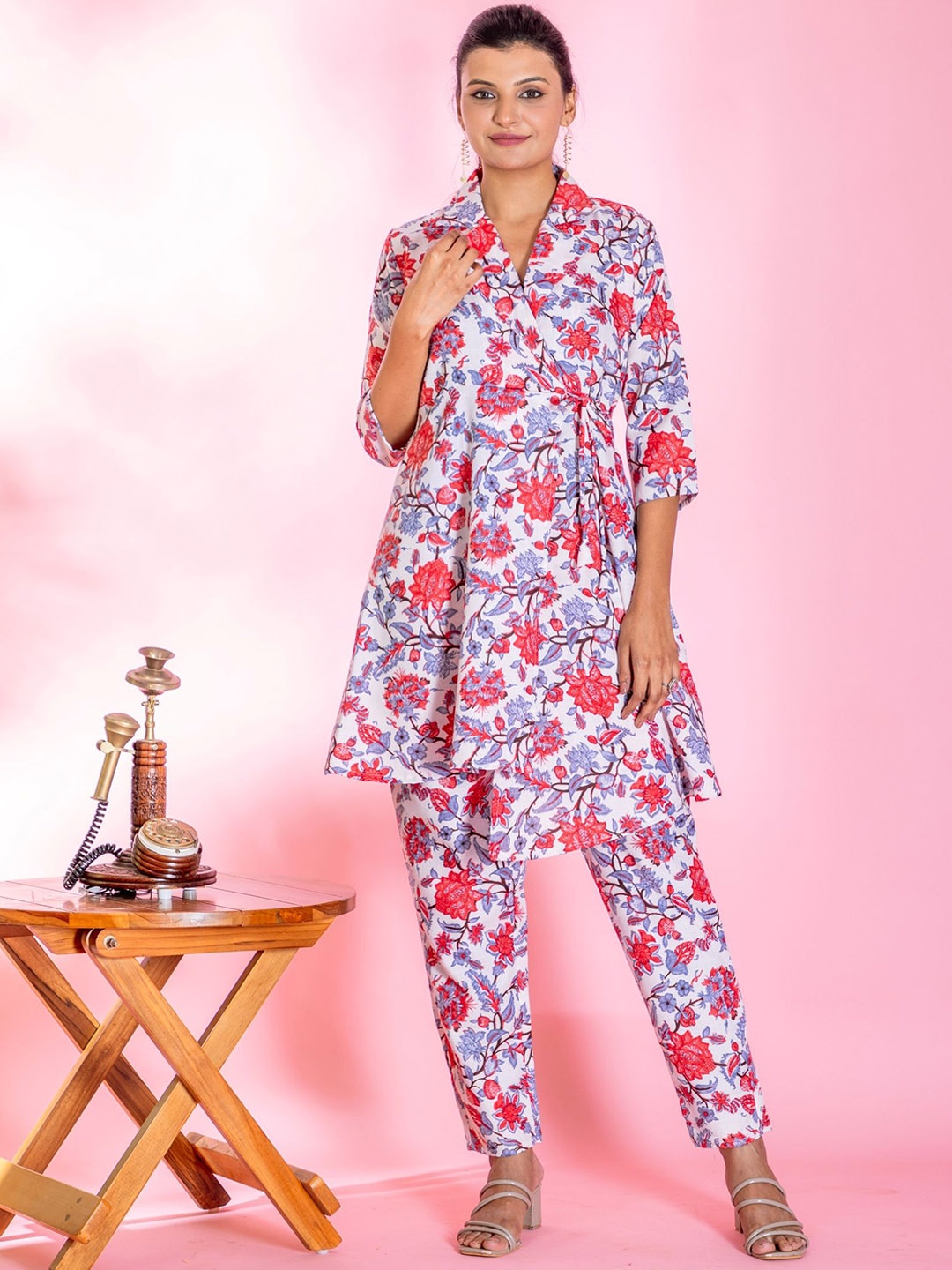 

Moda Rapido Floral Printed Lapel Collar Cotton Tunic & Trouser, White