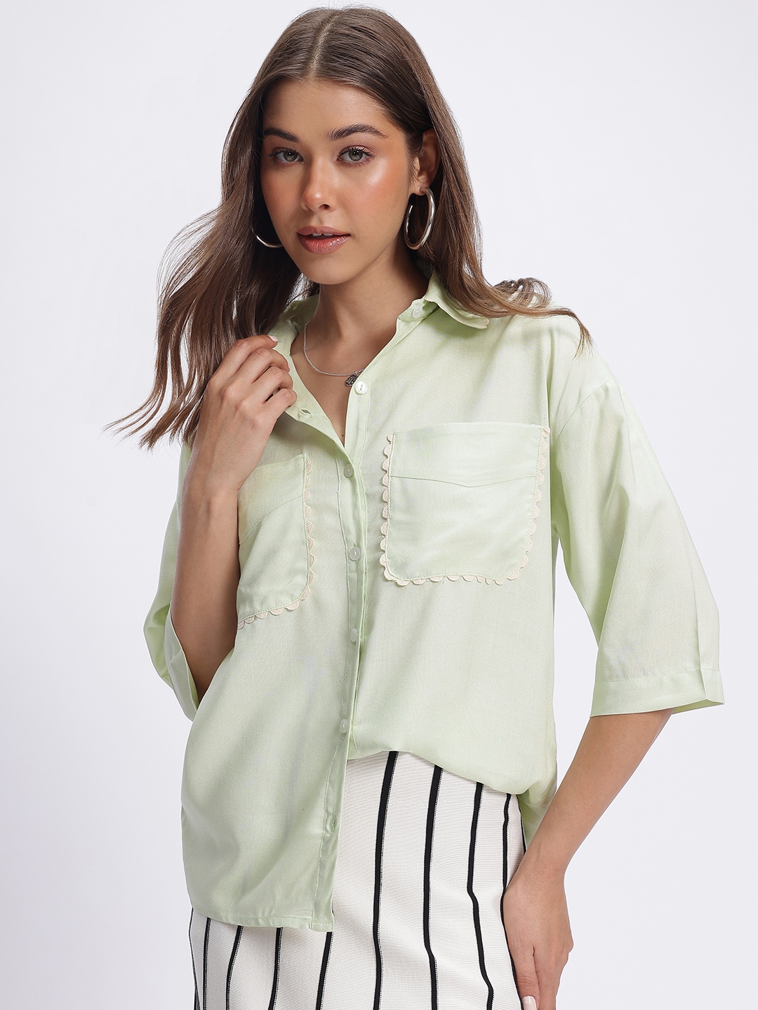 

glitchez Soft Girl Lace Insert Drop-Shoulder Relaxed Shirt, Green