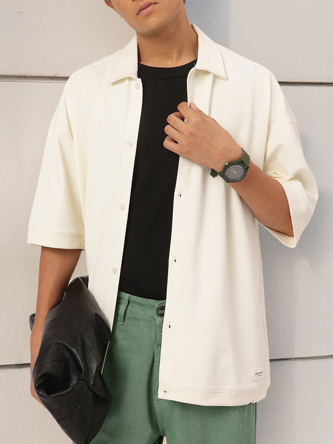 

Kook N Keech Cozy Vibes Textured Knit Oversized Shirt, Off white