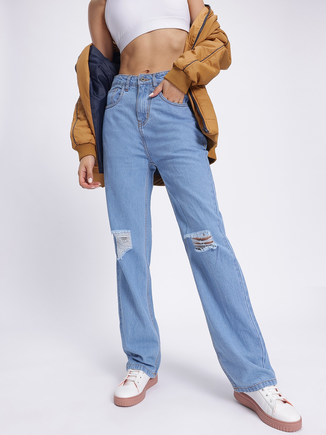 

glitchez Women Urban Edge Ripped Straight Fit Jeans, Blue