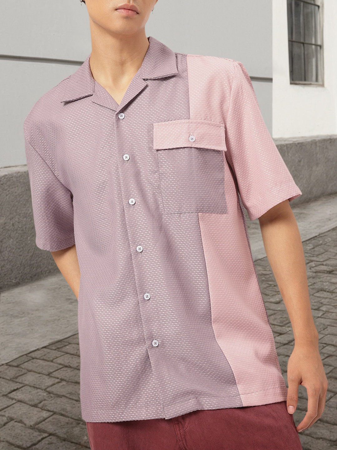

Kook N Keech Effortlessly Stylish Cuban Collar Colourblocked Textured Relaxed Shirt, Purple