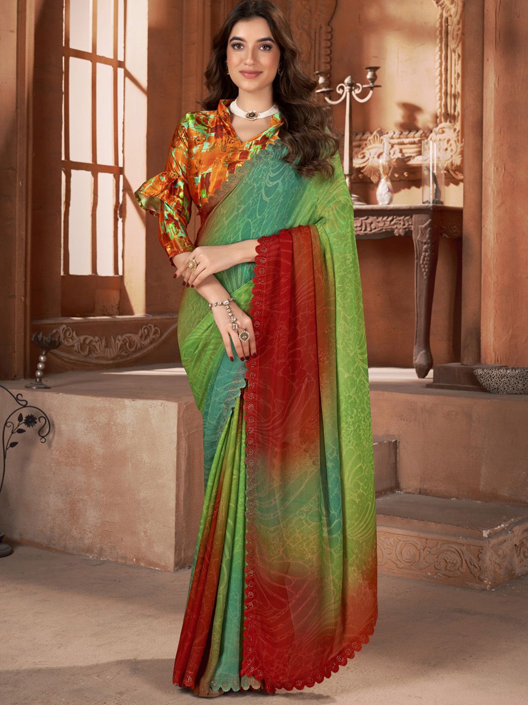 

Anouk Rustic Beads and Stones Poly Georgette Saree, Green