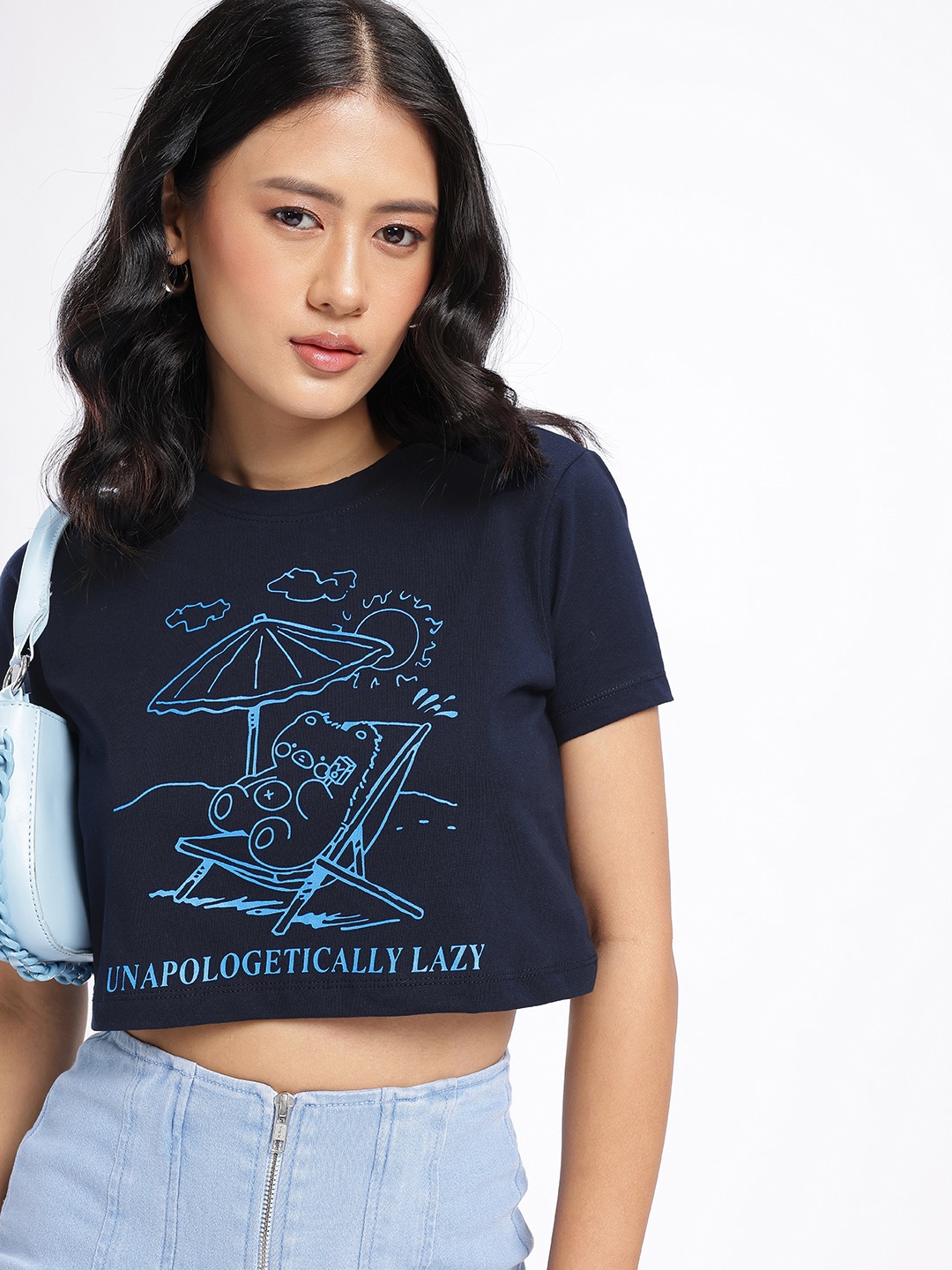 

DressBerry Chill Mode Activated Printed Boxy Crop T-shirt, Navy blue