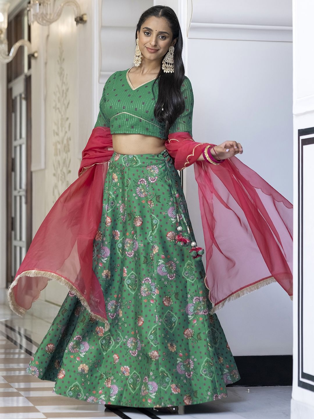 

KALINI Printed Sequinned Ready to Wear Lehenga & Blouse With Dupatta, Green