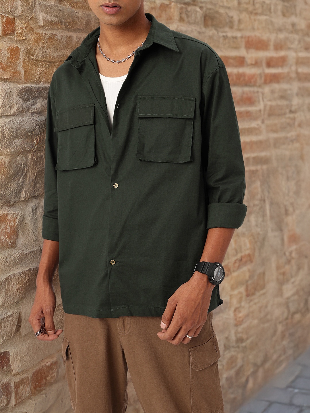 

Kook N Keech Urban Flap Pocket Drop-Shoulder Oversized Fit Shirt, Green
