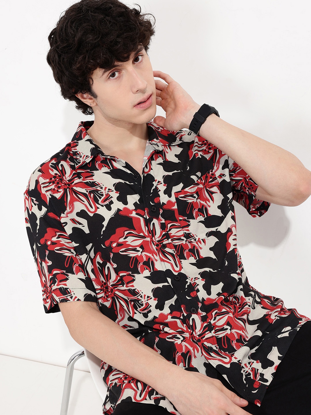 

Kook N Keech Floral Finesse Viral Vibrant Oversized Shirt, Black