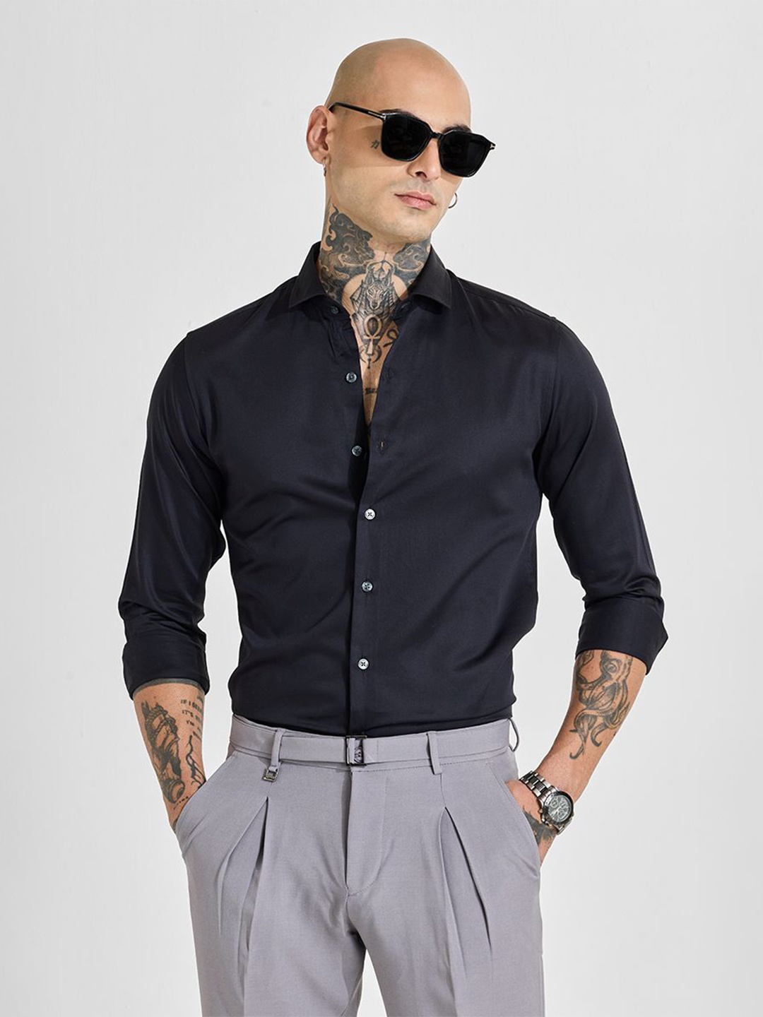 

Snitch Men Classic Slim Fit Opaque Formal Shirt, Navy blue